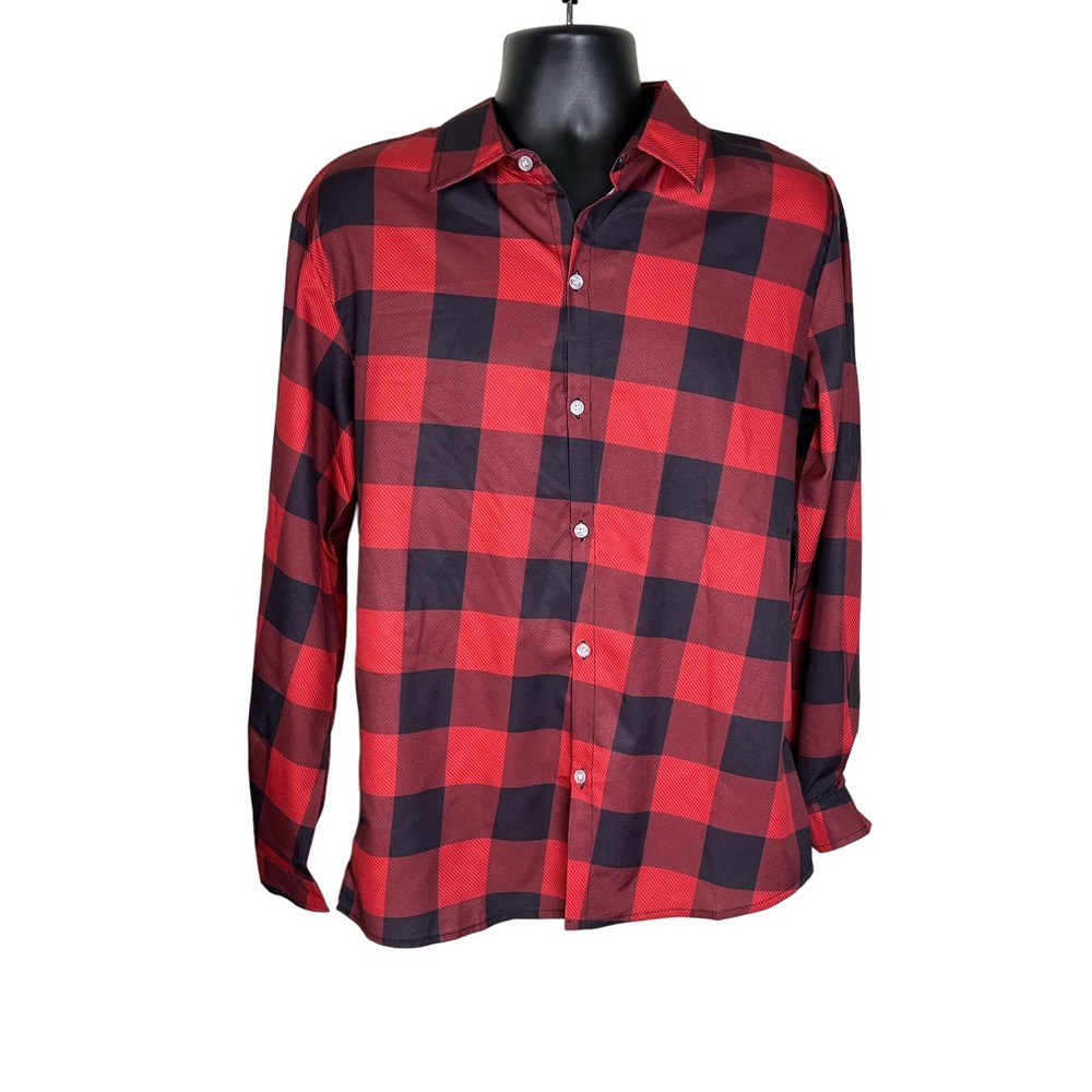Men’s Black & Red Plaid Linen Feeling Long sleeved shirt Size L NWOT - Picture 1 of 4